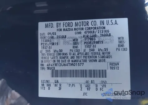 2004 Mazda B3000 Ds z USA, uszkodzony, nr VIN 4F4YR12U64TM01577